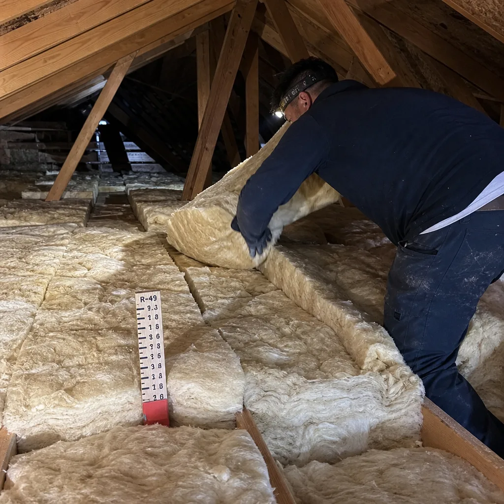 Contractor installing fiberglass batt attic insulation for energy efficiency