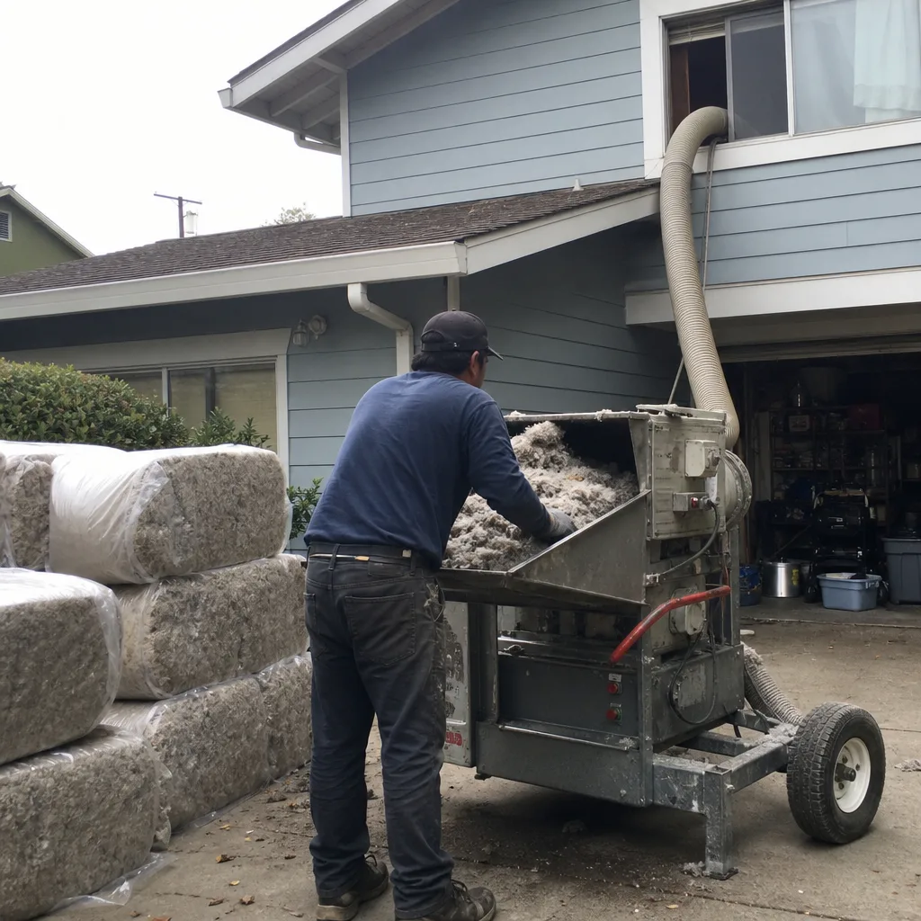 Worker operating an attic insulation blowing machine for energy efficiency.