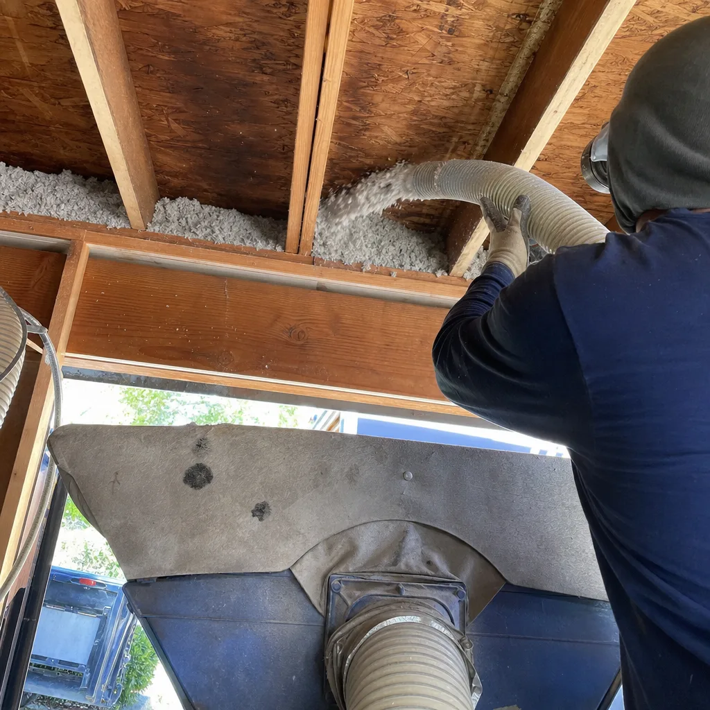 Contractor performing blown-in cellulose insulation installation into ceiling rafters